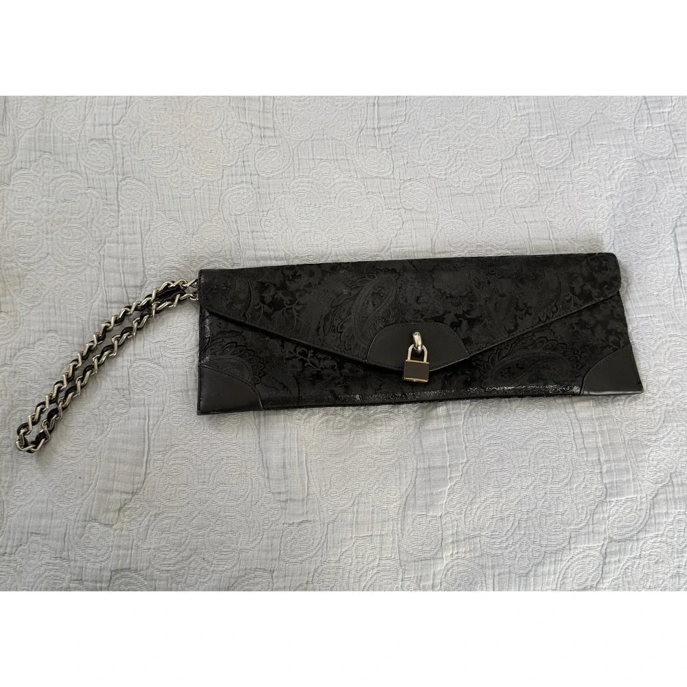 Miss Mak Vintage 90s Boho Y2K Black‎ Leather Padlock Paisley Chain Clutch Bag